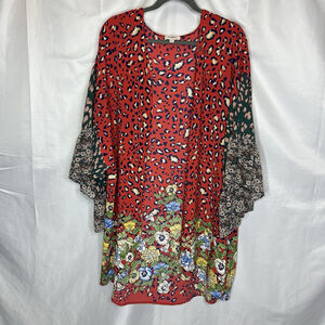 UMGEE Woman’s Cover Up Sz S/M Kimono Open Front Orange Multi Floral Leopard Boho